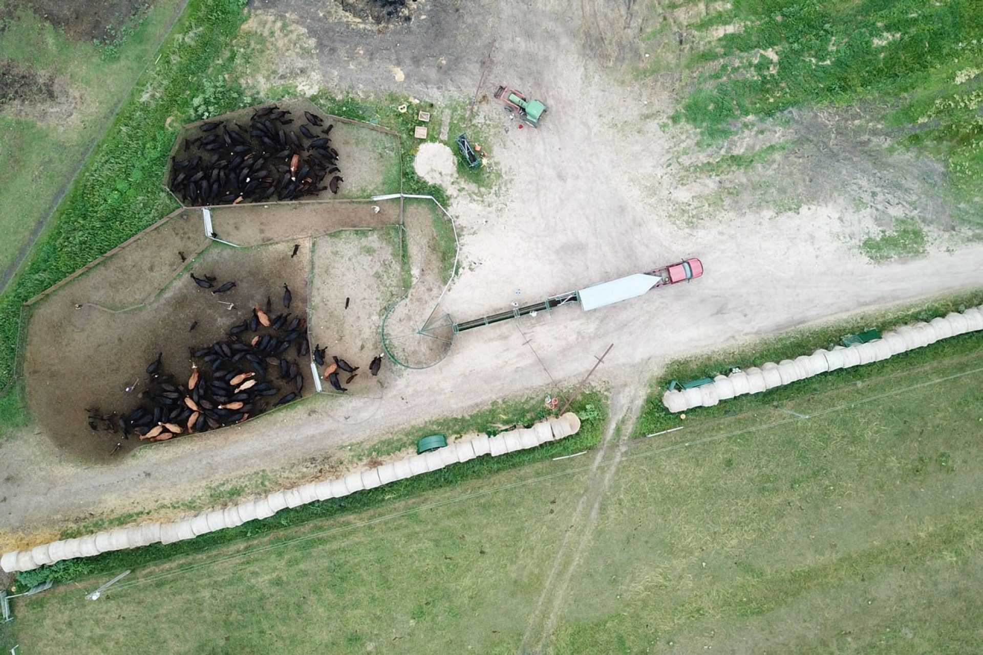 Drone shot of cattle handling system on a ranch