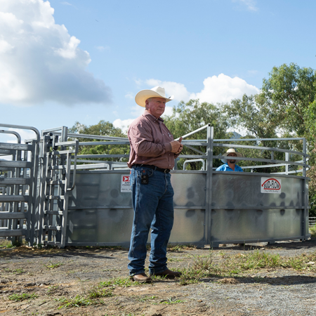 Stockmanship expert Dr. Ron Gill speaking at cattle handling training session in Australia