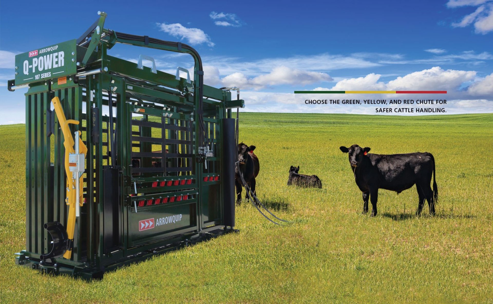 The Q-Power 107 Series hydraulic cattle chute in a field with cattle