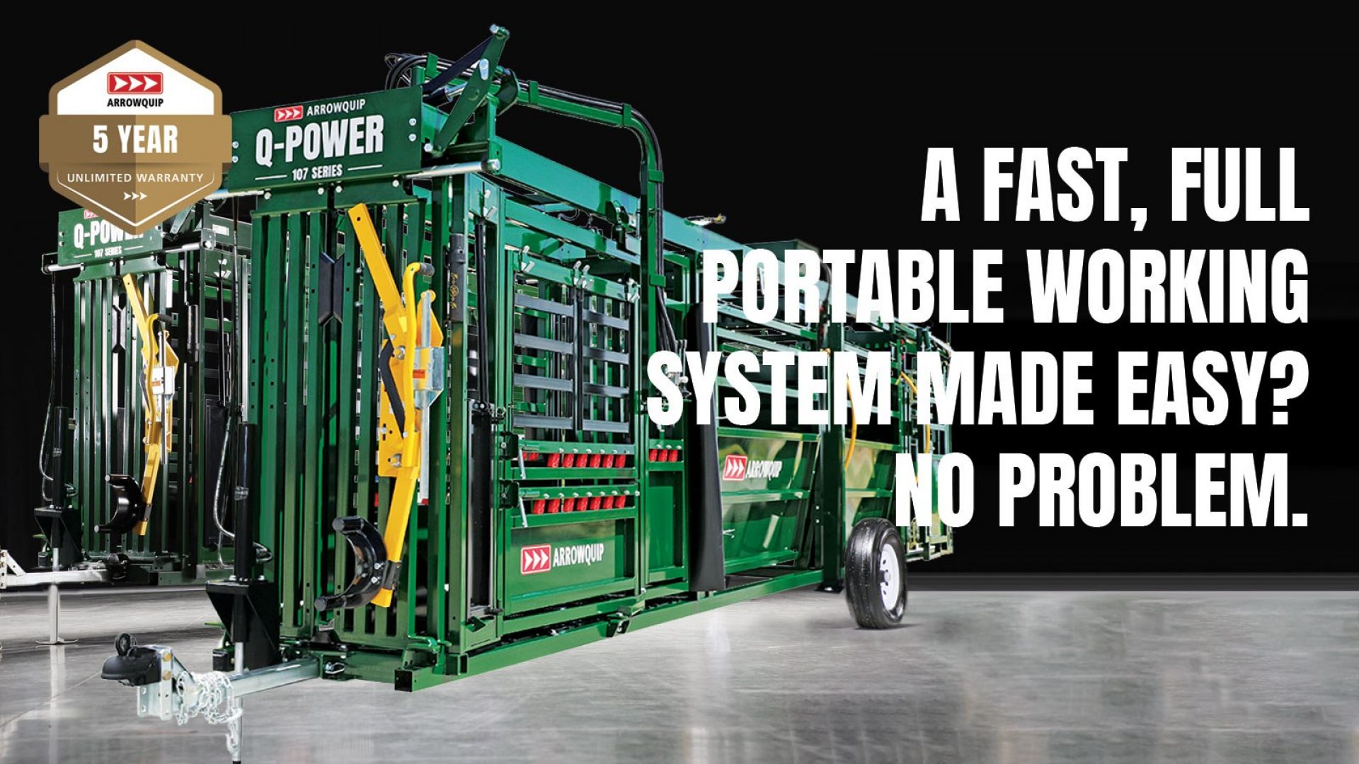 Q-Power 107 Series hydraulic portable cattle chute, alley and tub models