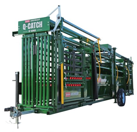 Side profile of Q-Catch 87 Series portable cattle chute, alley, and tub ready for towing