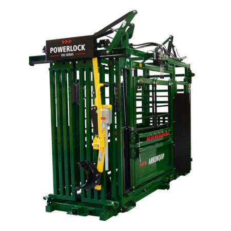 Powerlock 105 hydraulic squeeze chute with head holder and palpation cage