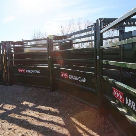 Outside view of curved adjustable cattle alley