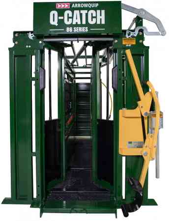 Front view of Q-Catch 86 series with open yoke gate on white background by Arrowquip