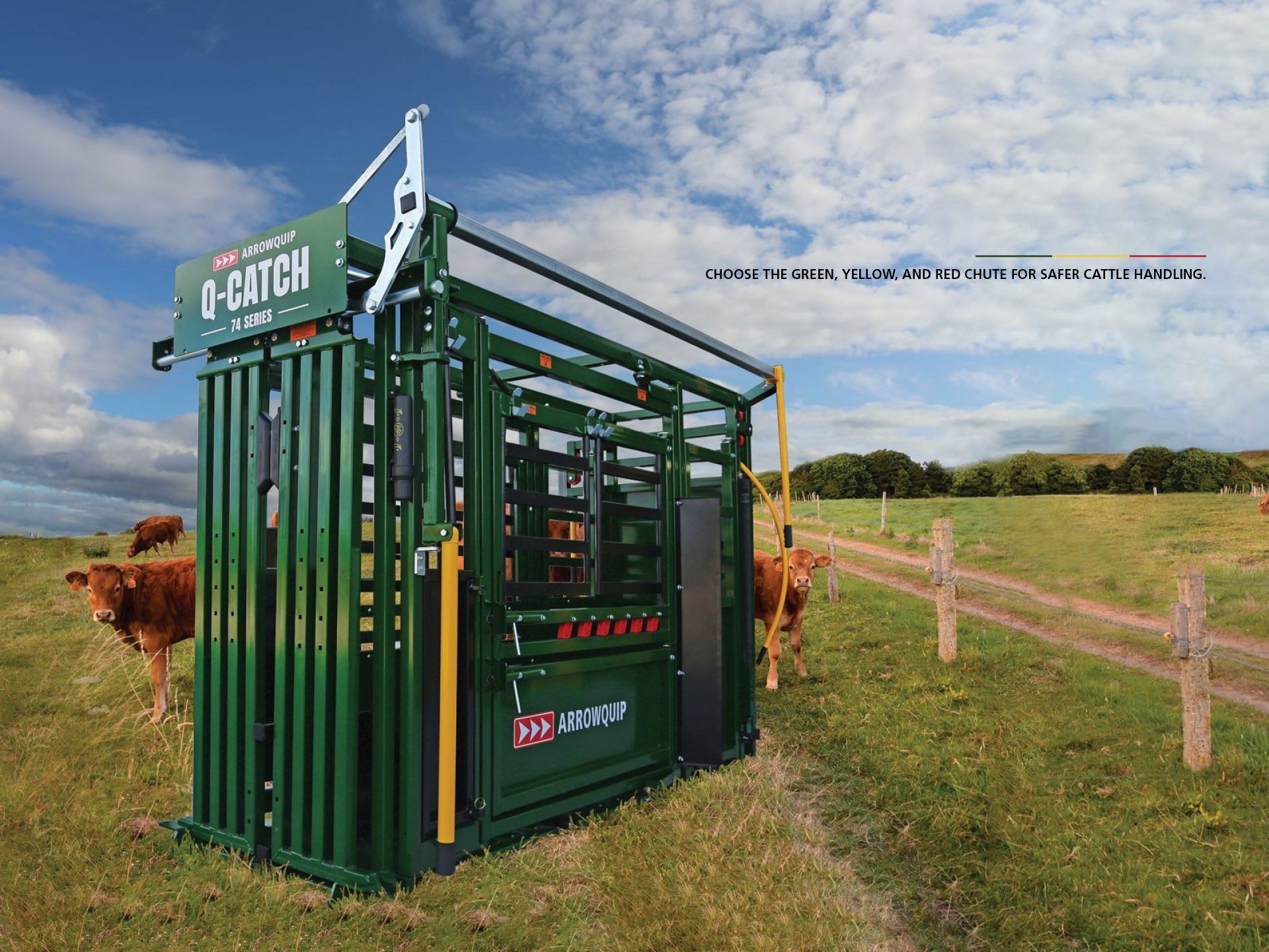 74 Series Squeeze Chute in pasture with cattle around