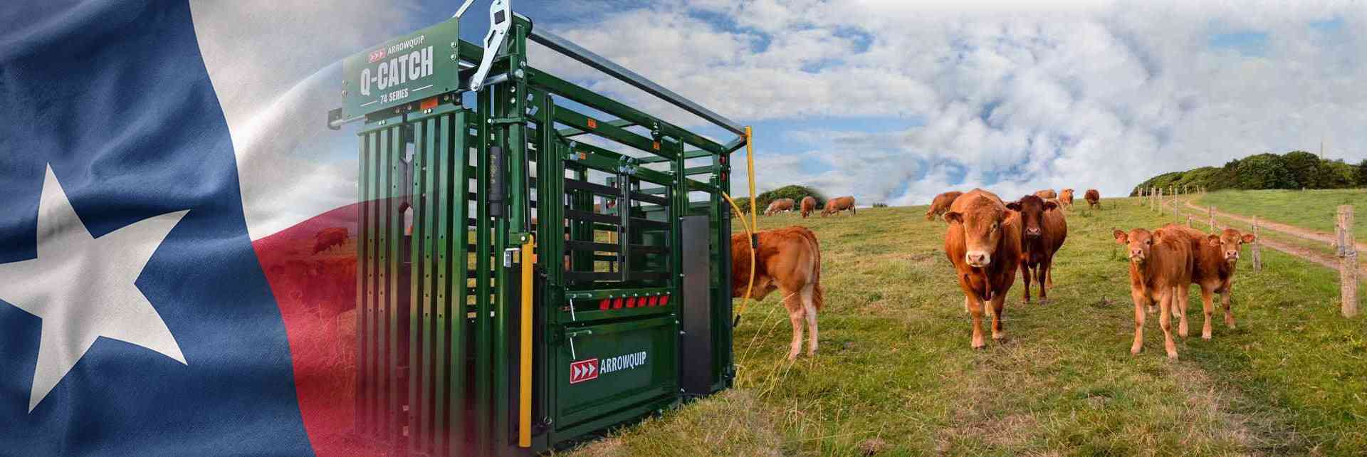Q-Catch 74 Series Squeeze Chute on pasture with cattle with Texas flag